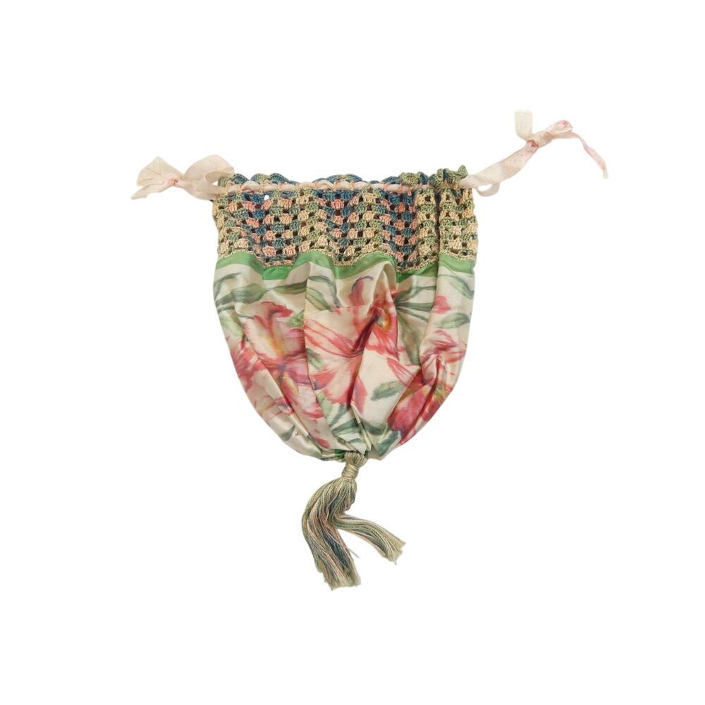 Antique Silk Reticule Bag with Hand Crochet, Drawstring. and Tassel